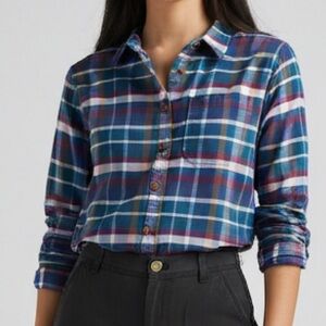 L.L. Bean Organic Cotton Plaid Flannel Shirt Small Women’s Blue Green purple EUC